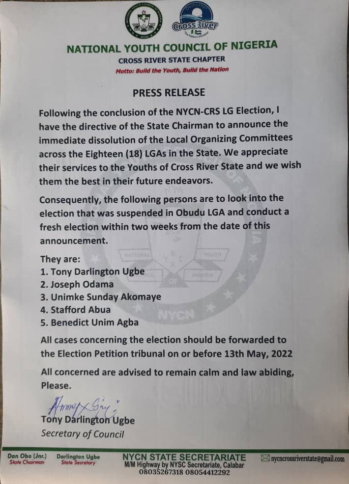 NYCN CRS Released Names to conduct Obudu LGA inconclusive elections and dissolution of LOC