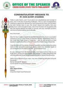 Kajuo victor congratulation message to Elvert Ayambem 