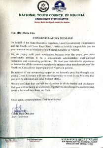 Betta Edu congratulatory message from Dan Obo 