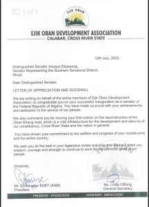 Group Commends Senator Asuquo Ekpenyong for his First Motion to Reconstruct Calabar Oban-Ekang Road.
