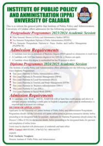 2024/2025 Institute of Public Policy and Administration (IPPA), University of Calabar: Call for Applicants 