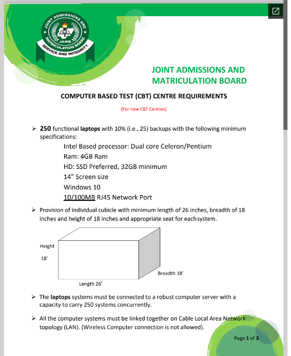 JAMB CBT ACCREDITATION REQUIREMENT 1