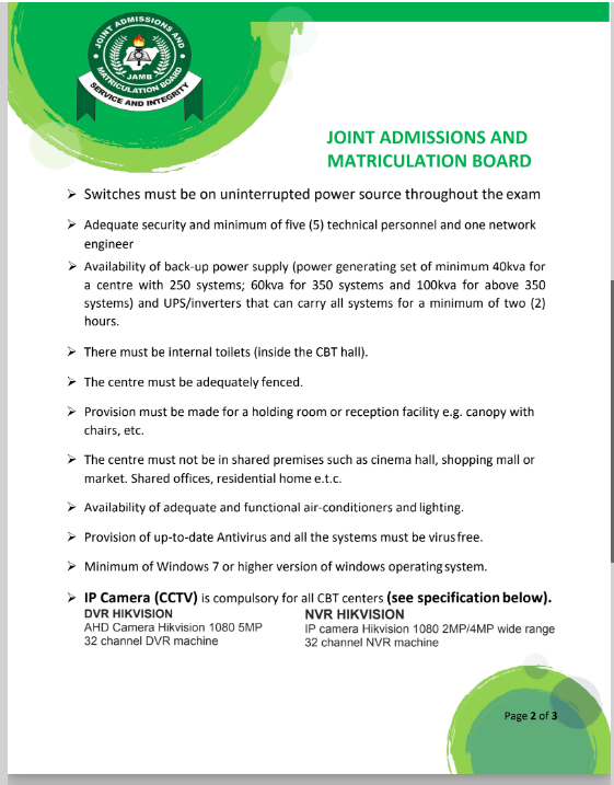 JAMB CBT ACCREDITATION REQUIREMENT 2