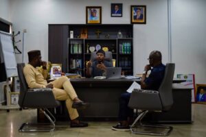 A courtesy visit by the CRS MEDA management team, led by the Director-General, Great Ogban, to the Commissioner for Finance, Michael Odere.