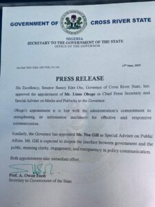 Cross River Governor Strengthens Media Team with Linus Obogo, Gill Appointments