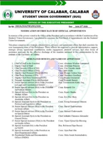 UNICAL SUG President, Sen. Eboni Vordina Francis, Releases First Batch Of Official Appointments

 
