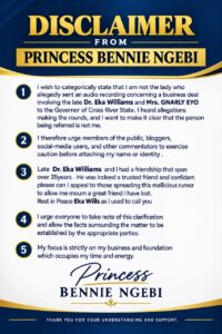 Princess Bennie Ngebi has denied being the woman allegedly behind an audio recording linked to a business deal involving the late Dr. Eka Williams and Mrs. Gnarly Eyo.